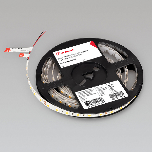 Светодиодная лента RT-B60-10mm 24V Day4000 (14.4 W/m, IP20, 5060, 5m) (Arlight, Открытый) Lednikoff
