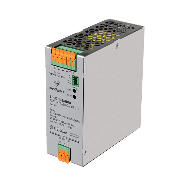 Блок питания ARV-DRP480-24-PFC-Y (24V, 20A, 480W) (Arlight, IP20 Металл, 5 лет) Lednikoff