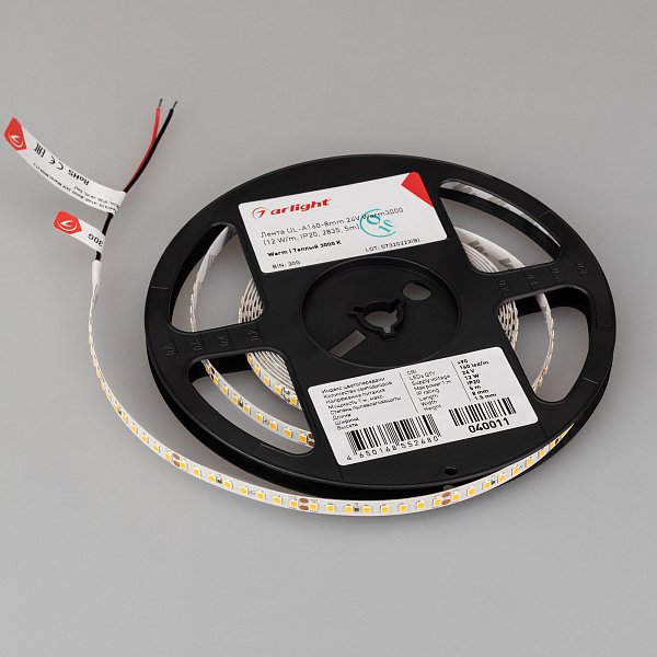 Светодиодная лента UL-A160-8mm 24V Warm3000 (12 W/m, IP20, 2835, 5m) (Arlight, 7 лет) Lednikoff