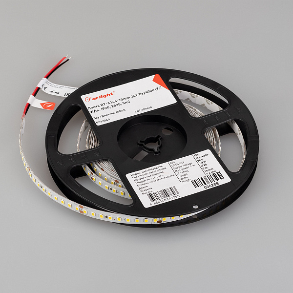 Светодиодная лента RT-A144-10mm 24V Day4000 (7.7 W/m, IP20, 2835, 5m) (Arlight, высок.эфф.200 лм/Вт) Lednikoff