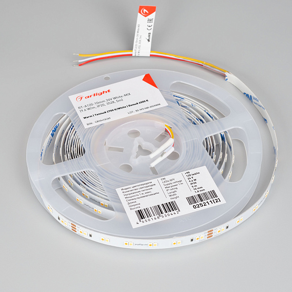 Светодиодная лента RT-A120-10mm 24V White-MIX (9.6 W/m, IP20, 3528, 5m) (Arlight, Изменяемая ЦТ) Lednikoff