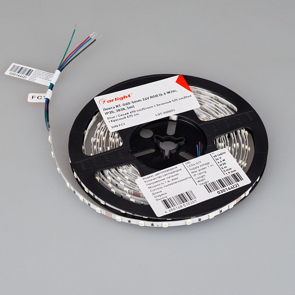 Светодиодная лента RT-G60-5mm 24V RGB (6.6 W/m, IP20, 3838, 5m) (Arlight, узкая) Lednikoff