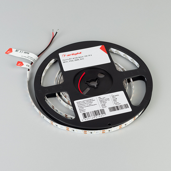 Светодиодная лента RT-A120-8mm 12V Yellow (9.6 W/m, IP20, 2835, 5m) (Arlight, 9.6 Вт/м, IP20) Lednikoff