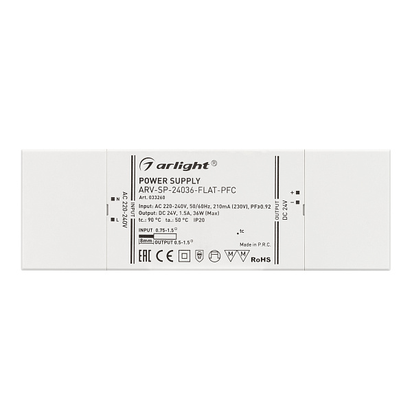 Блок питания ARV-SP-24036-FLAT-PFC (24V, 1.5A, 36W) (Arlight, IP20 Пластик, 5 лет) Lednikoff
