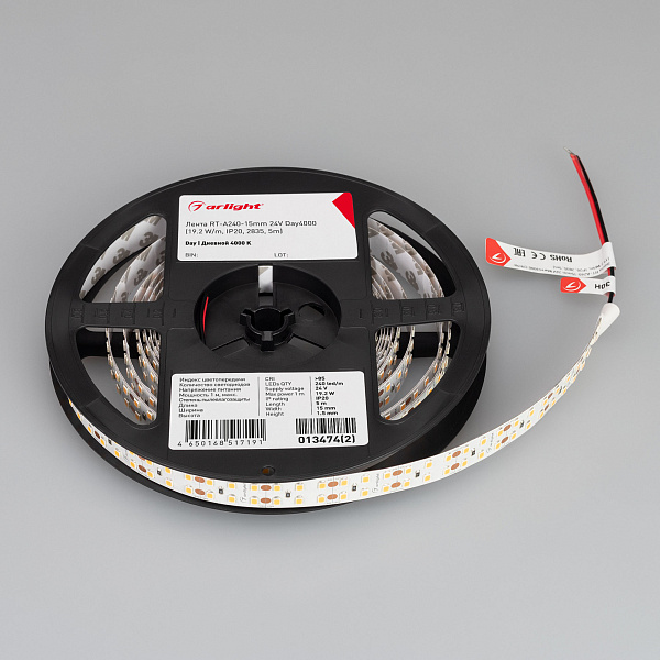 Светодиодная лента RT-A240-15mm 24V Day4000 (19.2 W/m, IP20, 2835, 5m) (Arlight, Открытый) Lednikoff