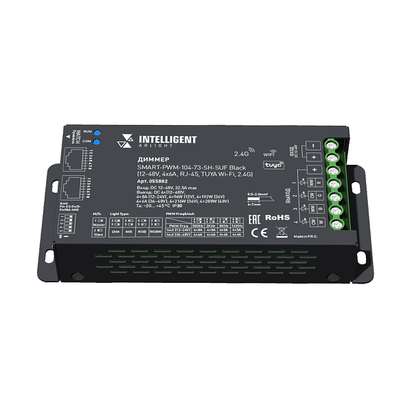 INTELLIGENT ARLIGHT Диммер SMART-PWM-104-73-SH-SUF Black (12-48V, 4x6A, RJ-45, TUYA Wi-Fi, 2.4G) (IARL, IP20 Металл, 5 лет) Lednikoff