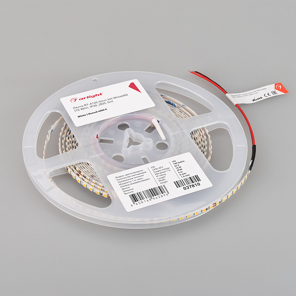 Светодиодная лента RT-A160-5mm 24V White6000 (15 W/m, IP20, 5m) (Arlight, CRI>95) Lednikoff