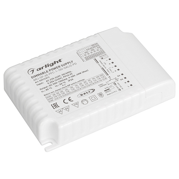Блок питания ARJ-SP-40-PFC-1-10V-DALI2-PD (40W, 500-1050mA) (Arlight, IP20 Пластик, 5 лет) Lednikoff