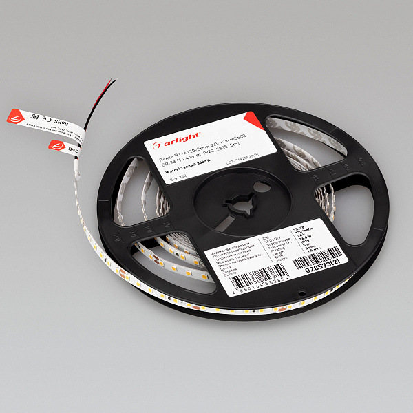 Светодиодная лента RT-A120-8mm 24V Warm3500 CRI98 (14.4 W/m, IP20, 2835, 5m) (Arlight, Открытый) Lednikoff