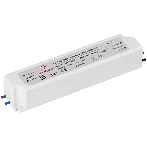 Блок питания ARPV-LV24035-A (24V, 1.5A, 36W) (Arlight, IP67 Пластик, 3 года) Lednikoff