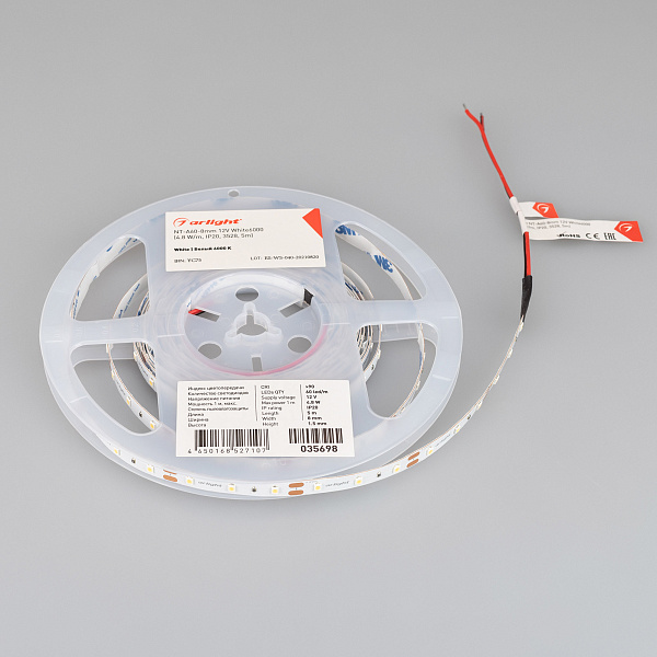 Светодиодная лента NT-A60-8mm 12V White6000 (4.8 W/m, IP20, 3528, 5m) (Arlight, Открытый) Lednikoff