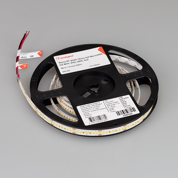 Светодиодная лента RT-A240-10mm 24V Warm3000 (22 W/m, IP20, 2835, 5m) (Arlight, высок.эфф.150 лм/Вт) Lednikoff