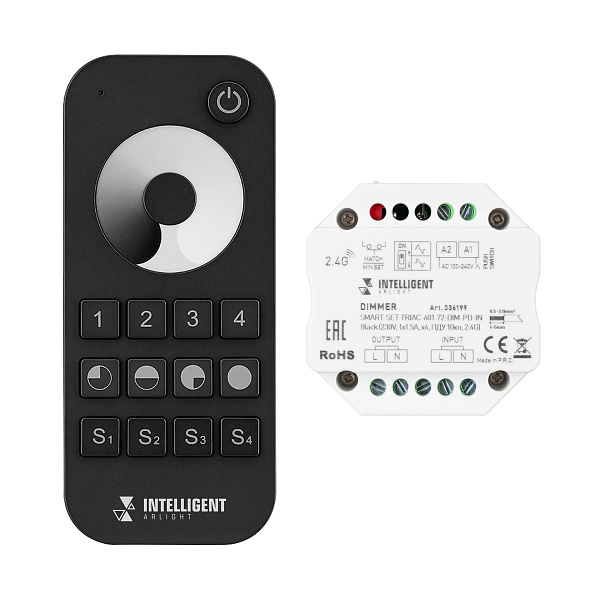 INTELLIGENT ARLIGHT Диммер SMART-SET-TRIAC-601-72-DIM-PD-IN Black (230V, 1x1.5A, x4, ПДУ 10кн, 2.4G) (IARL, IP20 Пластик, 5 лет) Lednikoff