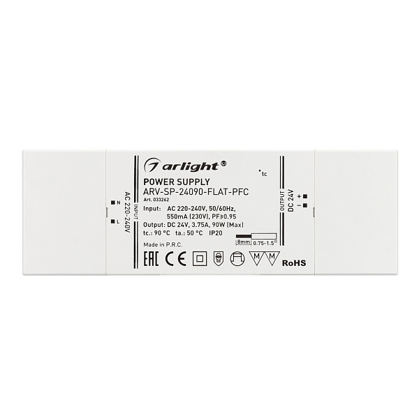Блок питания ARV-SP-24090-FLAT-PFC (24V, 3.75A, 90W) (Arlight, IP20 Пластик, 5 лет) Lednikoff