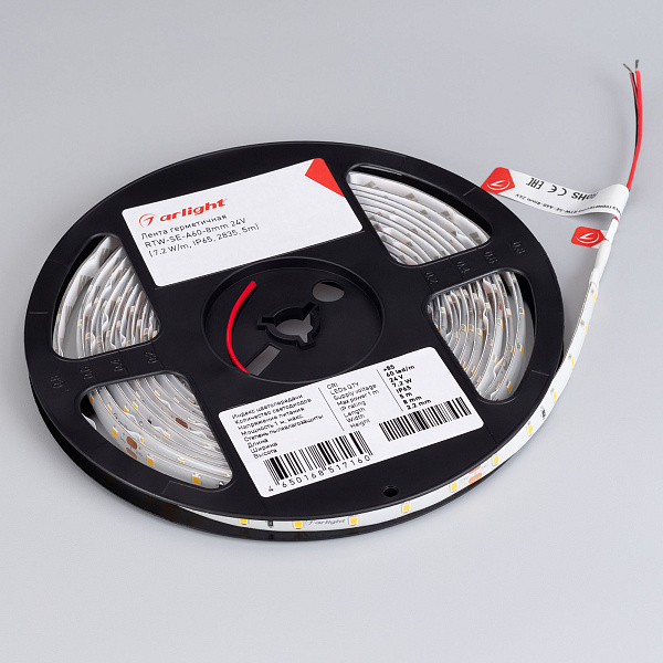 Светодиодная лента герметичная RTW-SE-A60-8mm 24V White6000 (7.2 W/m, IP65, 2835, 5m) (Arlight, 7.2 Вт/м, IP65) Lednikoff