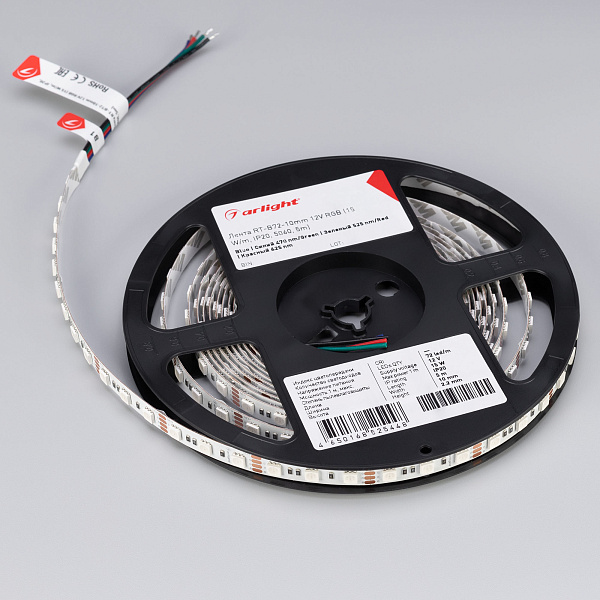 Светодиодная лента RT-B72-10mm 12V RGB (15 W/m, IP20, 5060, 5m) (Arlight, 15 Вт/м, IP20) Lednikoff