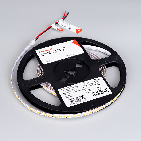 Светодиодная лента RT-A200-8mm 24V Warm2700-CX1 (16 W/m, IP20, 5m) (Arlight, резка 1 светодиод) Lednikoff