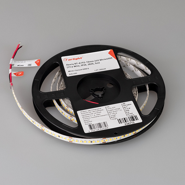 Светодиодная лента RT-A192-10mm 24V White6000 (17.6 W/m, IP20, 2835, 5m) (Arlight, высок.эфф.150 лм/Вт) Lednikoff