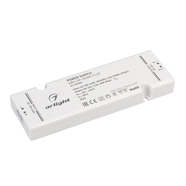 Блок питания ARV-SP-24060-FLAT (24V, 2.5A, 60W) (Arlight, IP20 Пластик, 5 лет) Lednikoff