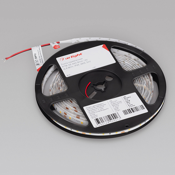 Светодиодная лента герметичная RTW-SE-A60-8mm 12V White6000 (4.8 W/m, IP65, 2835, 5m) (Arlight, 4.8 Вт/м, IP65) Lednikoff