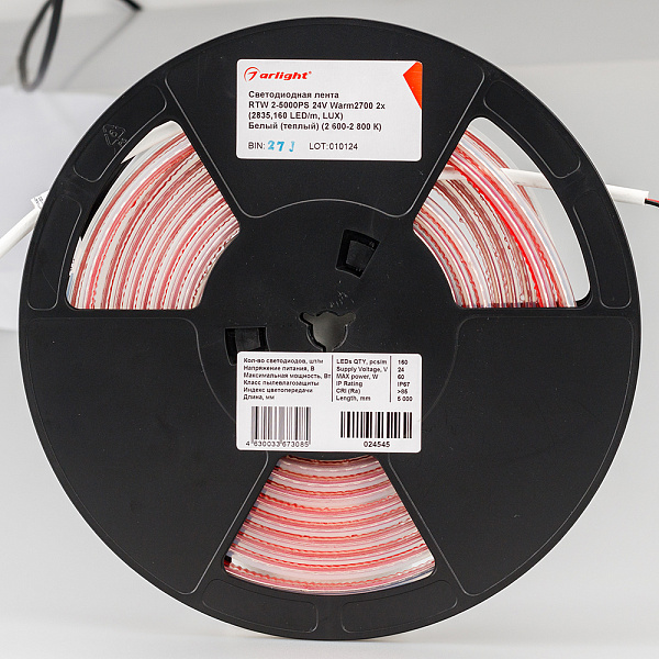 Светодиодная лента RTW 2-5000PS 24V Warm2700 2x (2835, 160 LED/m, LUX) (Arlight, 12 Вт/м, IP67) Lednikoff