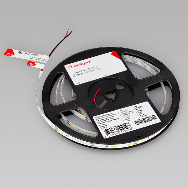 Светодиодная лента RT-A60-8mm 12V Warm2700 (7.2 W/m, IP20, 2835, 5m) (Arlight, Открытый) Lednikoff
