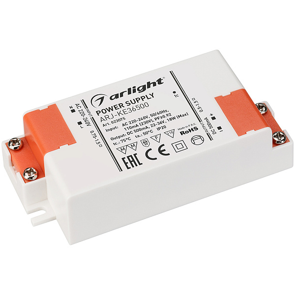 Блок питания ARJ-KE36500 (18W, 500mA, PFC) (Arlight, IP20 Пластик, 5 лет) Lednikoff