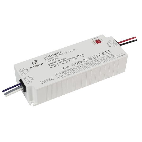 Блок питания ARJ-SP-40-PFC-DALI2-INS (40W, 9-47V, 0.85-1.2A) (Arlight, IP20 Пластик, 5 лет) Lednikoff