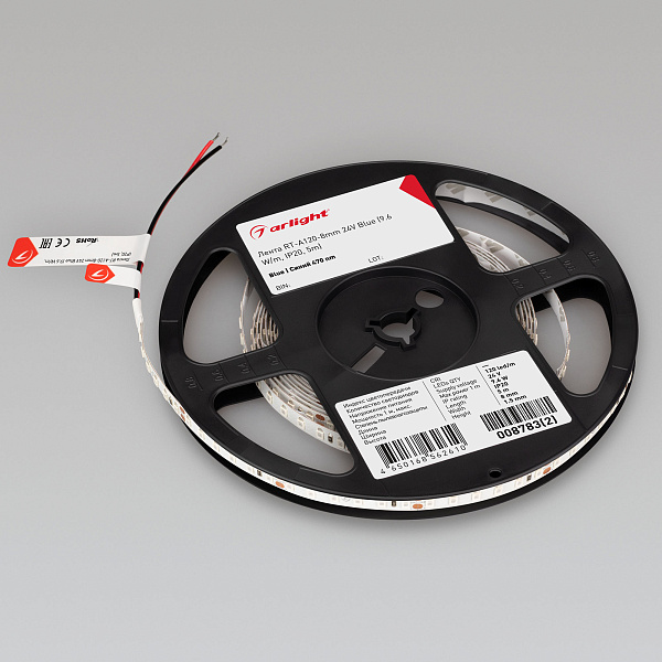Светодиодная лента RT-A120-8mm 24V Blue (9.6 W/m, IP20, 2835, 5m) (Arlight, 9.6 Вт/м, IP20) Lednikoff