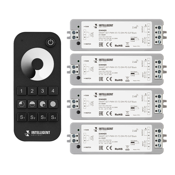 INTELLIGENT ARLIGHT Диммер SMART-SET-PWM-101-72-DIM-PD-SUF Black (5-36V, 1x8A, x4, ПДУ 13кн, 2.4G) (IARL, IP20 Пластик, 5 лет) Lednikoff