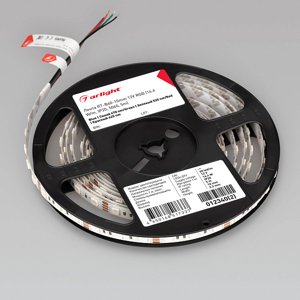 Светодиодная лента RT-B60-10mm 12V RGB (14.4 W/m, IP20, 5060, 5m) (Arlight, Открытый) Lednikoff