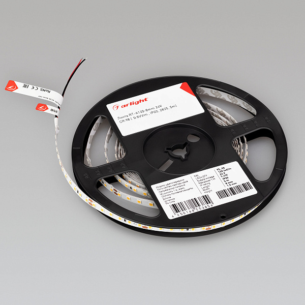 Светодиодная лента RT-A120-8mm 24V Warm3000 (9.6 W/m, IP20, 2835, 5m) (Arlight, Открытый) Lednikoff