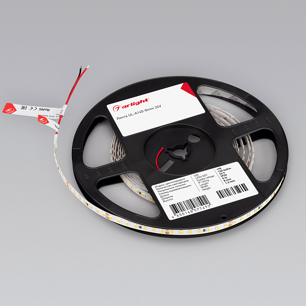 Светодиодная лента UL-A140-8mm 24V White6000 (15 W/m, IP20, 5m) (Arlight, 7 лет) Lednikoff