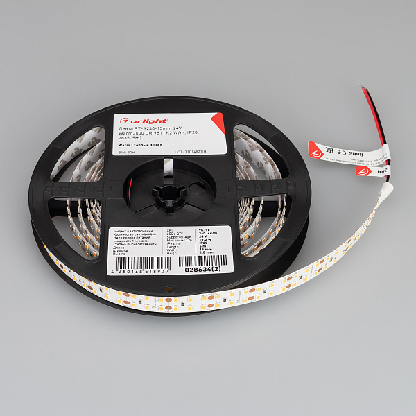 Светодиодная лента RT-A240-15mm 24V Warm3000 CRI98 (19.2 W/m, IP20, 2835, 5m) (Arlight, Открытый) Lednikoff