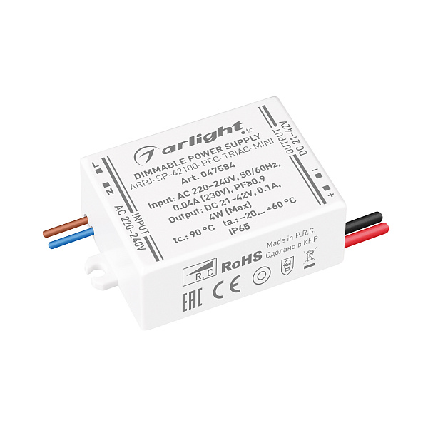 Блок питания ARPJ-SP-42100-PFC-TRIAC-MINI (4W, 21-42V, 100mA) (Arlight, IP65 Пластик, 5 лет) Lednikoff