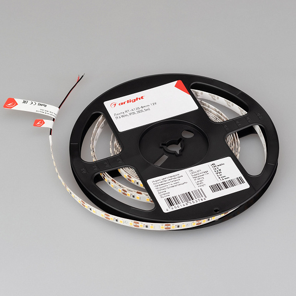 Светодиодная лента RT-A120-8mm 12V Warm2700 (9.6 W/m, IP20, 2835, 5m) (Arlight, Открытый) Lednikoff