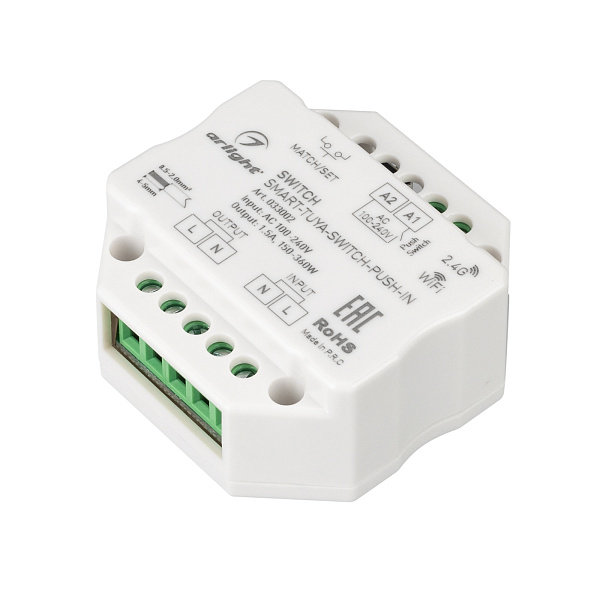 Контроллер-выключатель SMART-TUYA-SWITCH-PUSH-IN (230V, 1.5A, WiFi, 2.4G) (Arlight, IP20 Пластик, 5 лет) Lednikoff