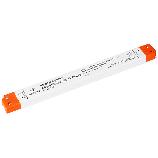 Блок питания ARV-SN24060-SLIM-PFC-B (24V, 2.5A, 60W) (Arlight, IP20 Пластик, 3 года) Lednikoff
