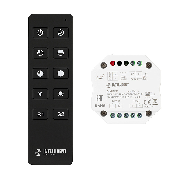 INTELLIGENT ARLIGHT Диммер SMART-SET-TRIAC-601-72-DIM-PD-IN Black (230V, 1x1.5A, ПДУ 10кн, 2.4G) (IARL, IP20 Пластик, 5 лет) Lednikoff