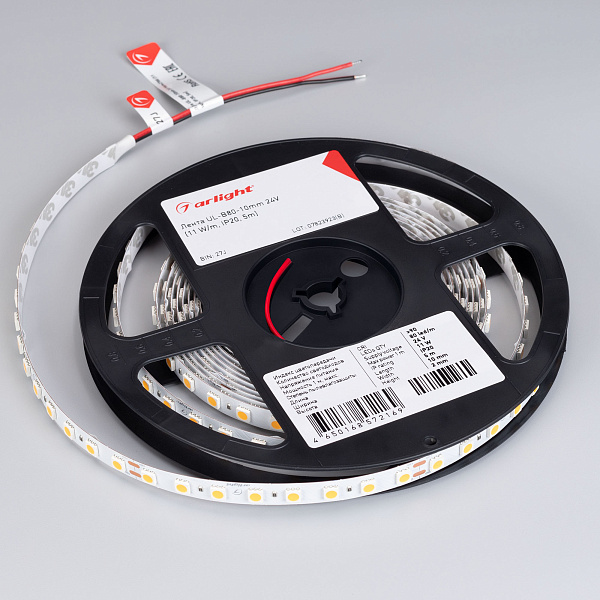 Светодиодная лента UL-B80-10mm 24V White6000 (11 W/m, IP20, 5m) (Arlight, 7 лет) Lednikoff