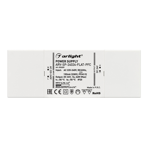 Блок питания ARV-SP-24024-FLAT-PFC (24V, 1A, 24W) (Arlight, IP20 Пластик, 5 лет) Lednikoff