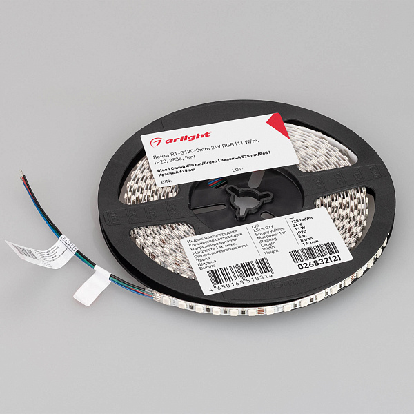 Светодиодная лента RT-G120-8mm 24V RGB (11 W/m, IP20, 3838, 5m) (Arlight, Открытый) Lednikoff