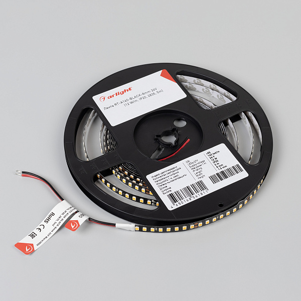Светодиодная лента RT-A160-BLACK-8mm 24V Warm3000 (12 W/m, IP20, 2835, 5m) (Arlight, высок.эфф.150 лм/Вт) Lednikoff