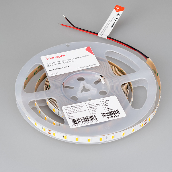 Светодиодная лента ULTRA-C72-10mm 24V Warm3000 (7.2 W/m, IP20, 5630, 5m) (Arlight, высок.эфф.200 лм/Вт) Lednikoff