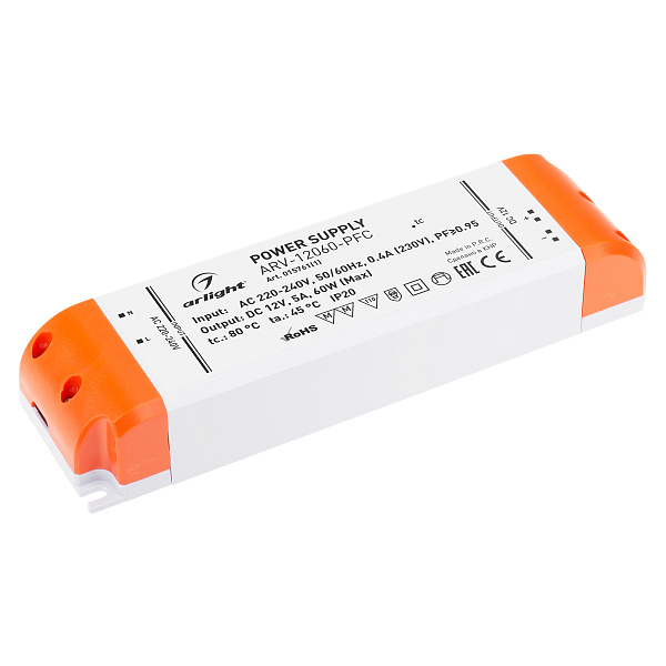 Блок питания ARV-12060-PFC (12V, 5A, 60W) (Arlight, IP20 Пластик, 2 года) Lednikoff