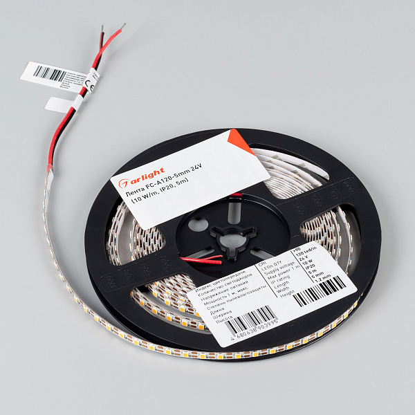 Светодиодная лента FC-A120-5mm 24V White6000-CX1 (10 W/m, IP20, 5m) (Arlight, резка 1 светодиод) Lednikoff