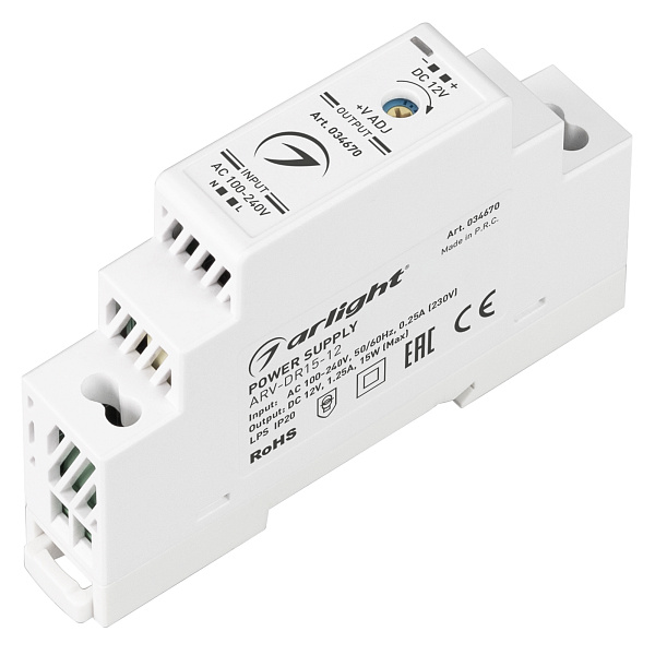 Блок питания ARV-DR15-12 (12V, 1.25A, 15W) (Arlight, IP20 DIN-рейка) Lednikoff