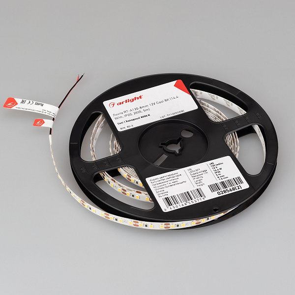 Светодиодная лента RT-A120-8mm 12V Cool 8K (14.4 W/m, IP20, 2835, 5m) (Arlight, Открытый) Lednikoff