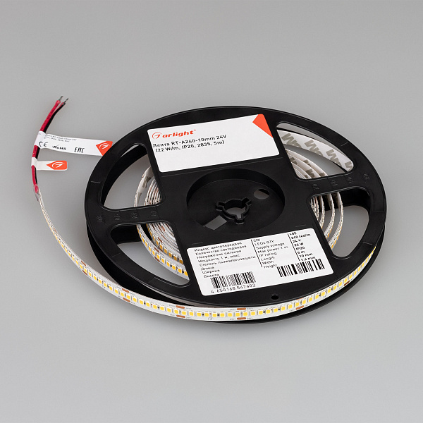 Светодиодная лента RT-A240-10mm 24V Day5000 (22 W/m, IP20, 2835, 5m) (Arlight, высок.эфф.150 лм/Вт) Lednikoff