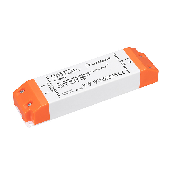 Блок питания ARV-SP-24060-PFC (24V, 2.5A, 60W) (Arlight, IP20 Пластик, 5 лет) Lednikoff